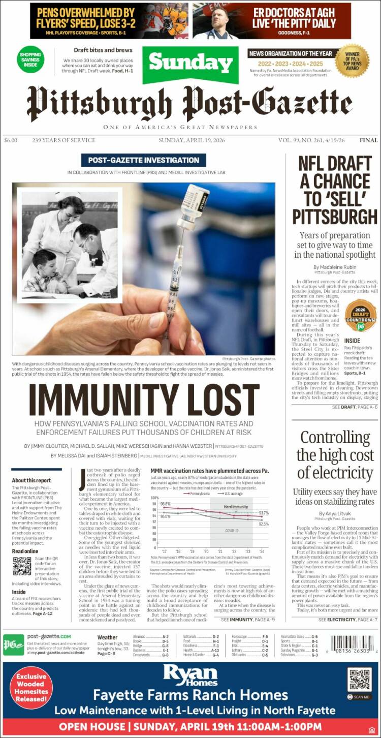 Portada de Pittsburgh Post-Gazette (USA)