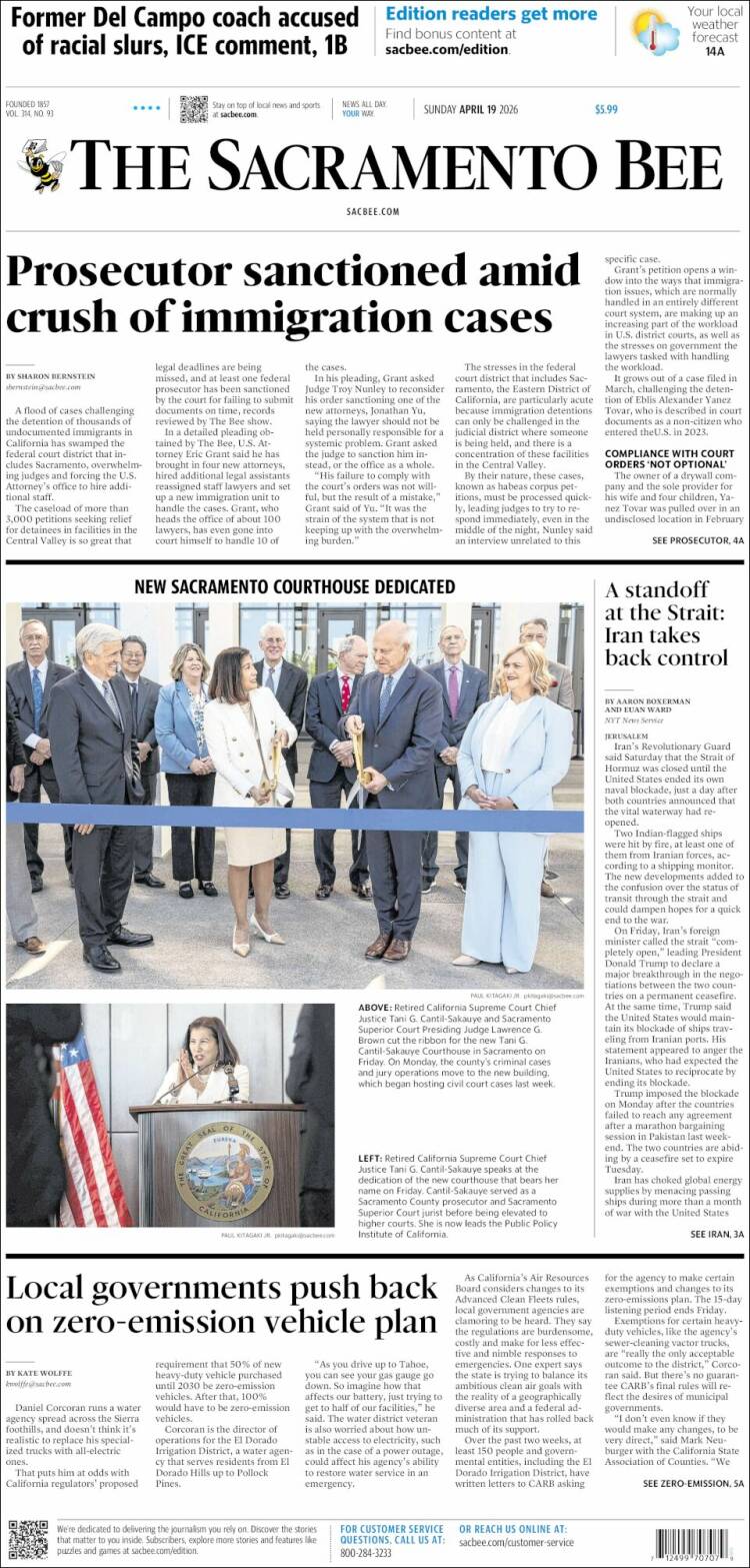 Portada de The Sacramento Bee (USA)