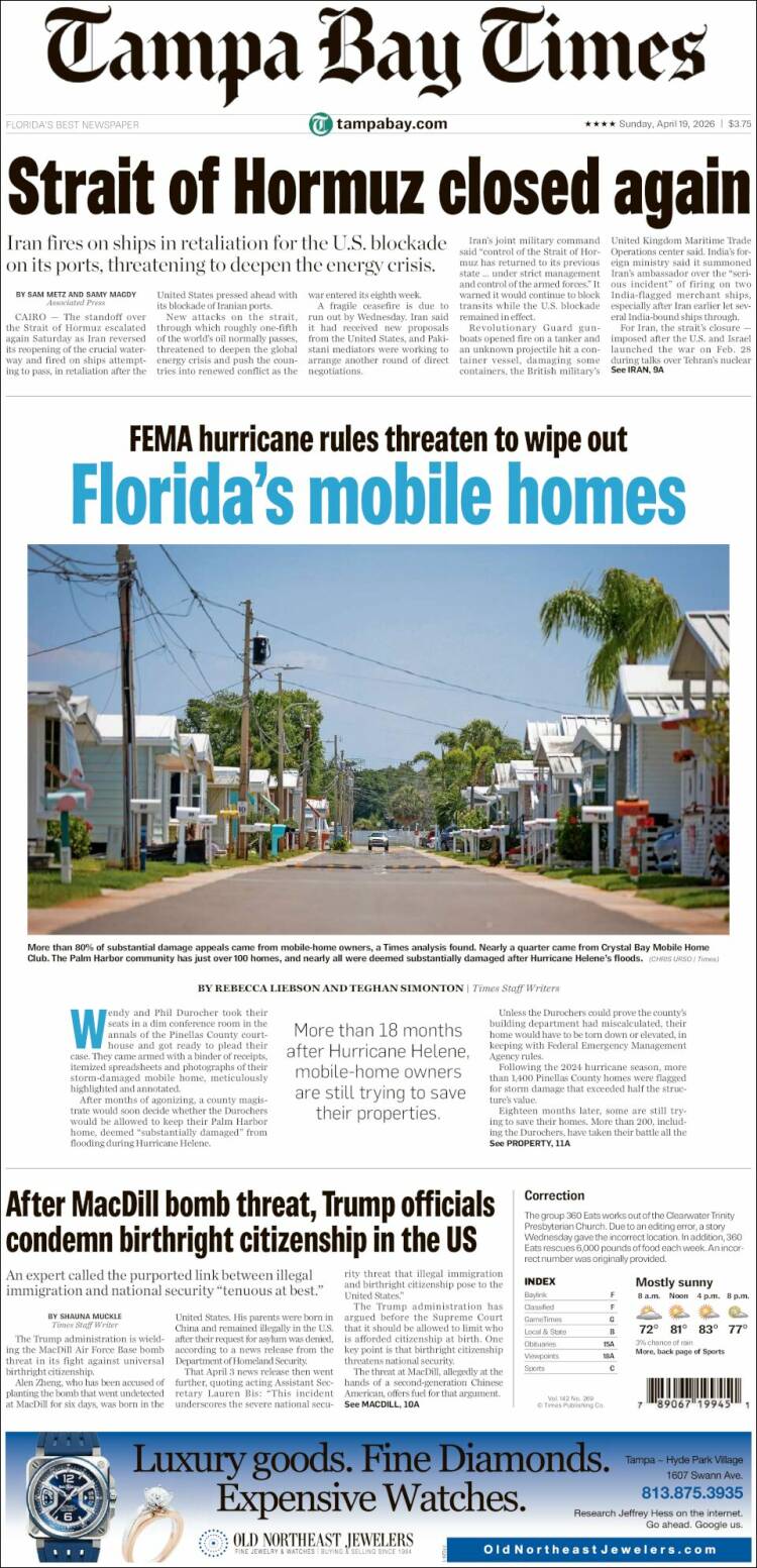 Portada de Tampa Bay Times (USA)