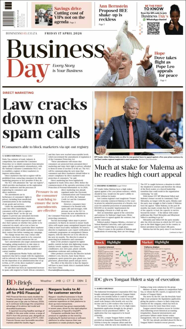 Portada de Business Day (Sud&aacute;frica)