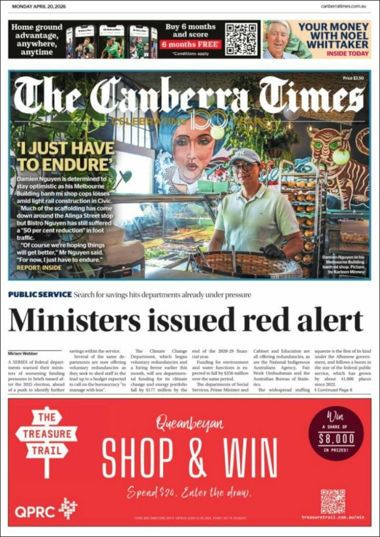 Portada de The Canberra Times (Australia)