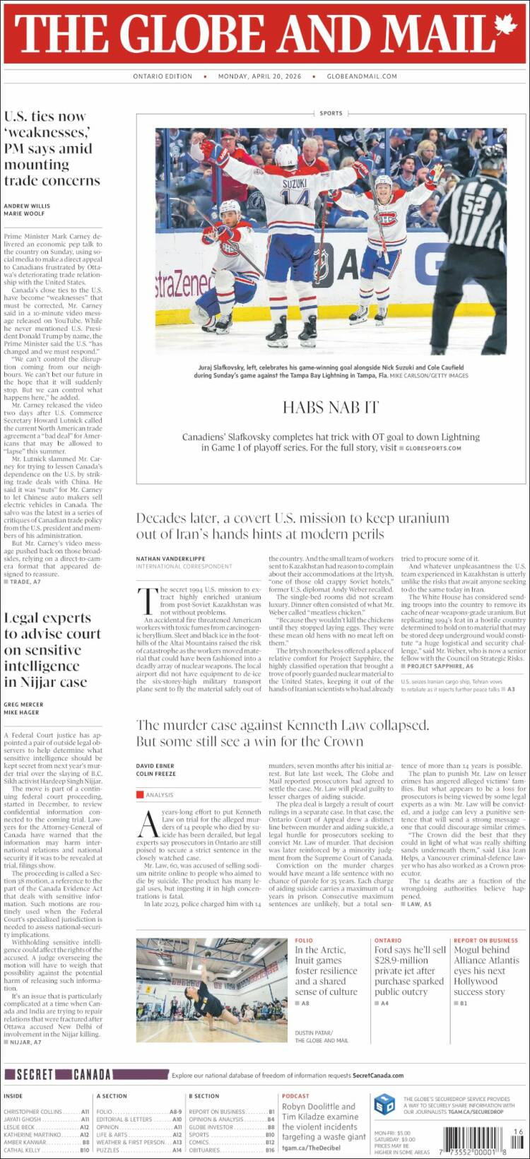 Portada de The Globe and Mail (Canad&aacute;)