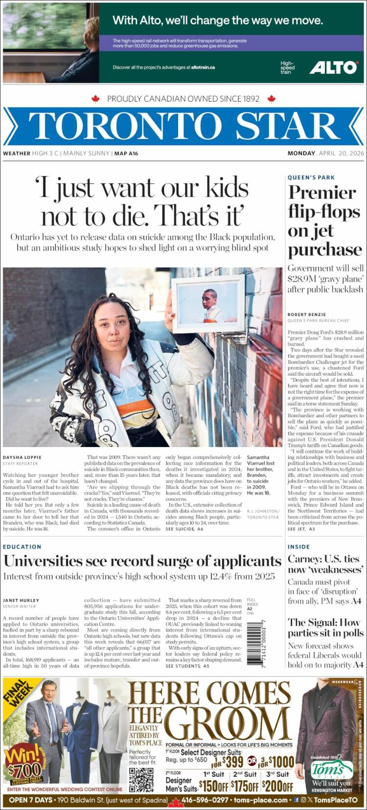 Portada de The Toronto Star (Canad&aacute;)