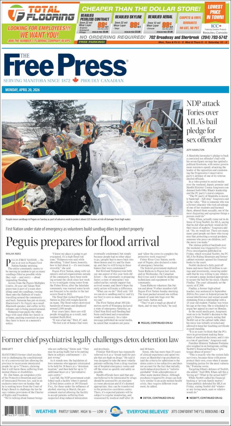 Portada de Winnipeg Free Press (Canad&aacute;)