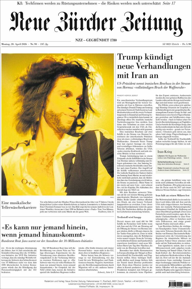 Portada de Neue Zürcher Zeitung (Suiza)