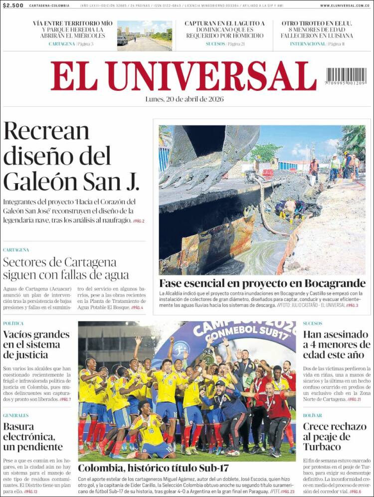 Portada de El Universal (Colombia)
