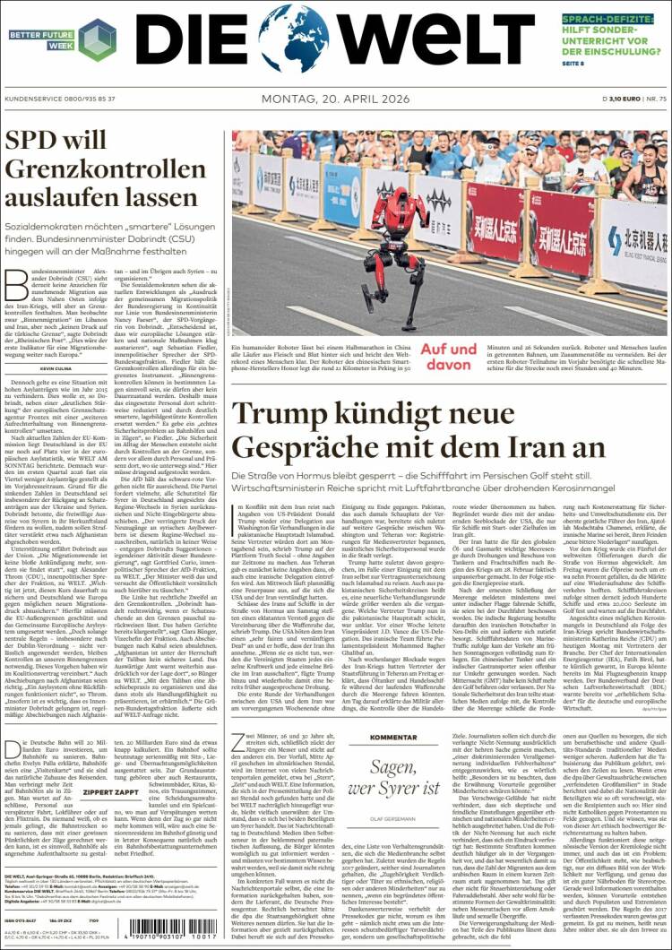 Portada de Die Welt (Alemania)