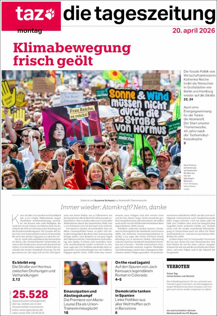 Portada de Die Tageszeitung (Alemania)