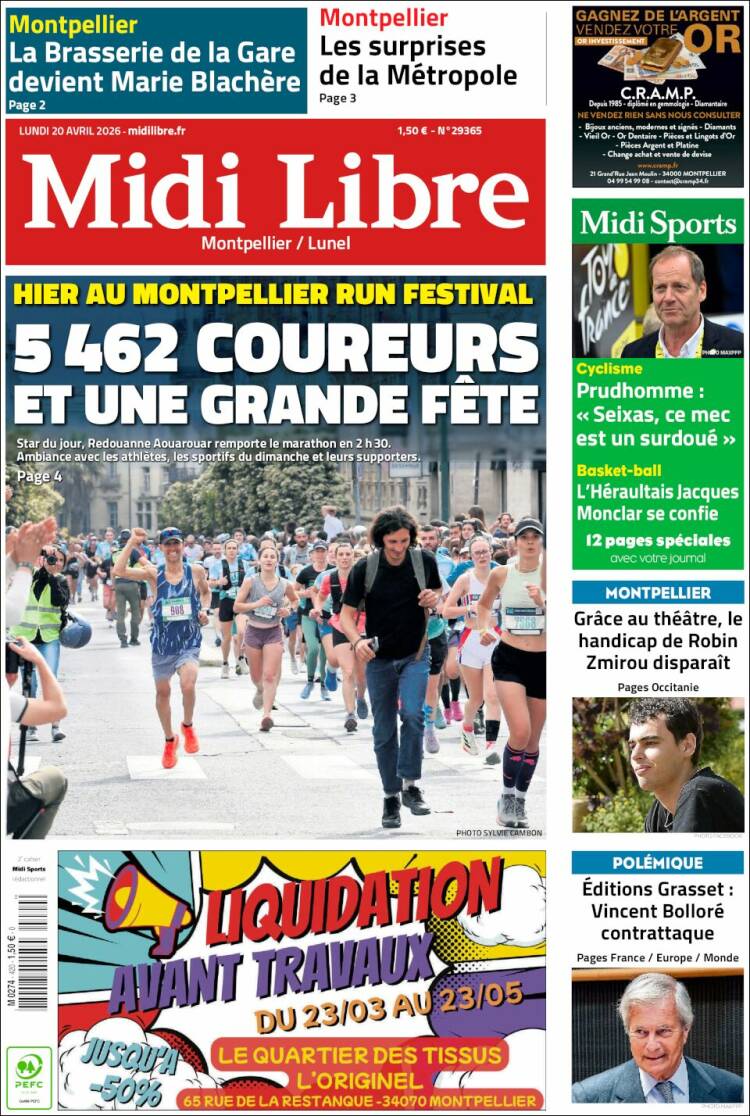 Portada de Midi Libre (Francia)