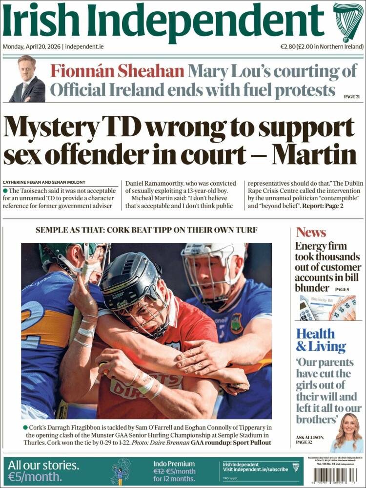 Portada de Irish Independent (Irlanda)