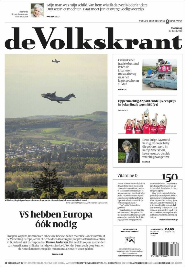 Portada de De Volkskrant (Pa&iacute;ses Bajos)
