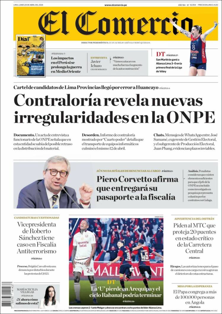 Portada de El Comercio (Per&uacute;)