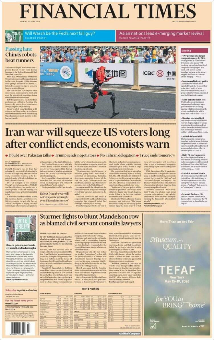 Portada de Financial Times (Reino Unido)