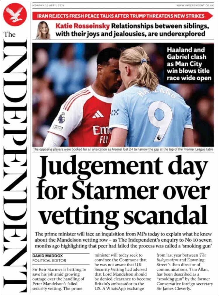 Portada de The Independent (Reino Unido)