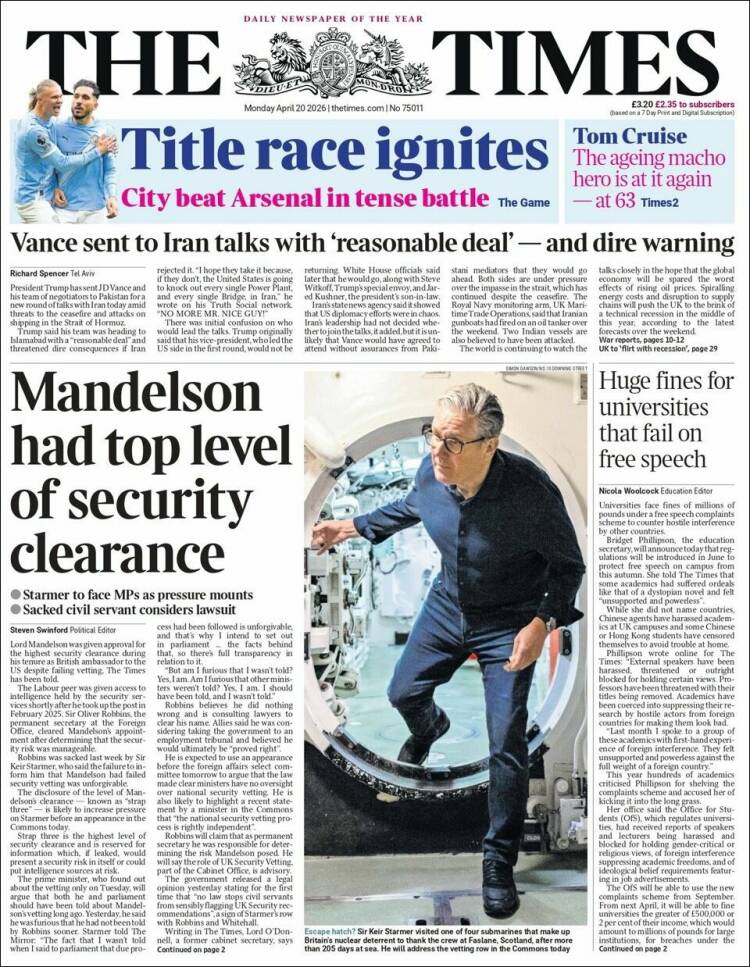 Portada de The Times (Reino Unido)