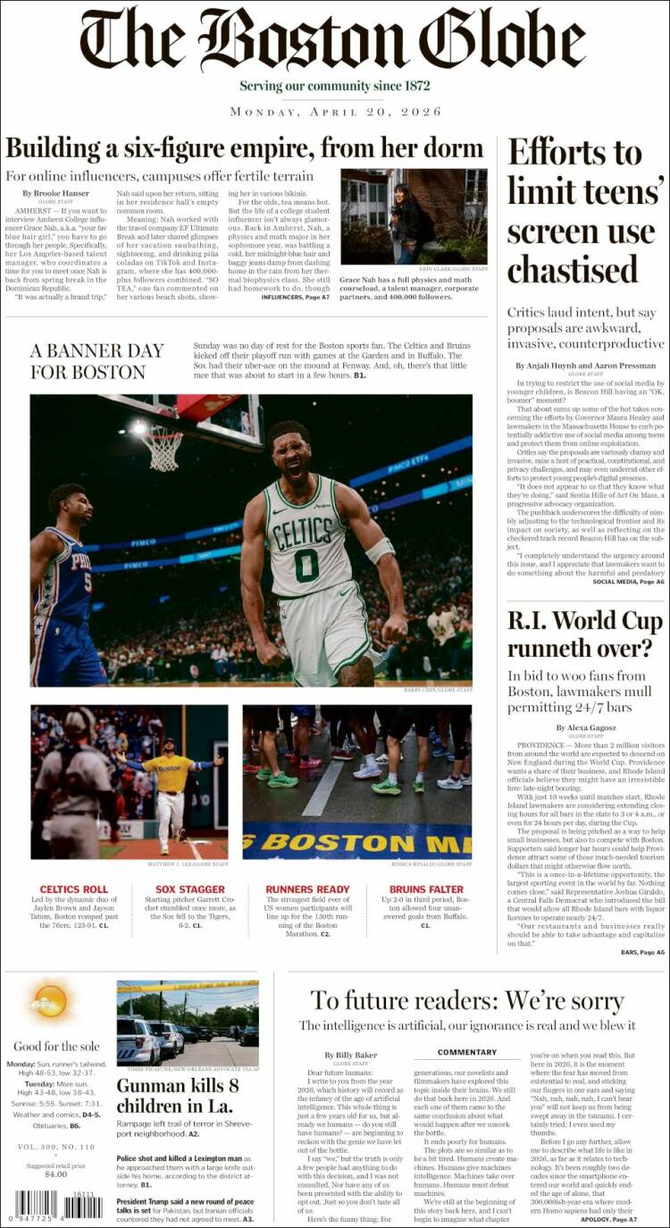 Portada de Boston Globe (USA)