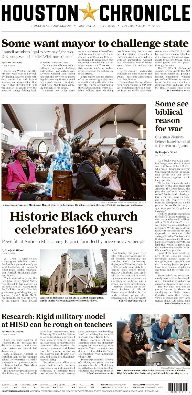 Portada de Houston Chronicle (USA)