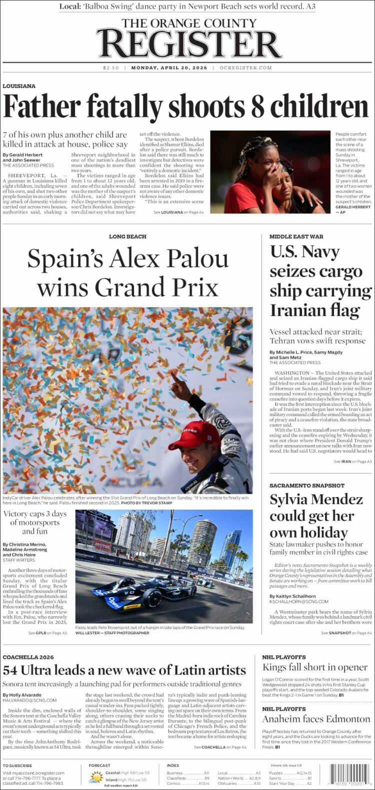 Portada de The Orange County Register (USA)