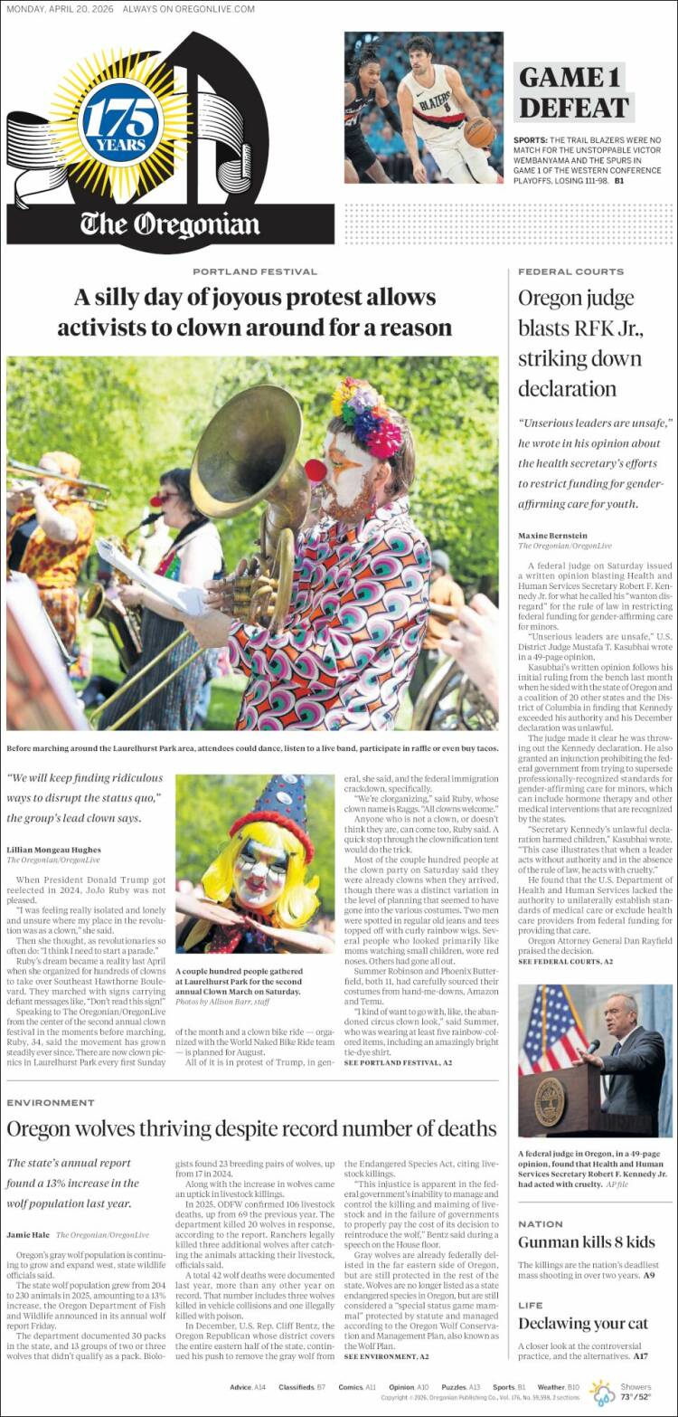 Portada de The Oregonian (USA)