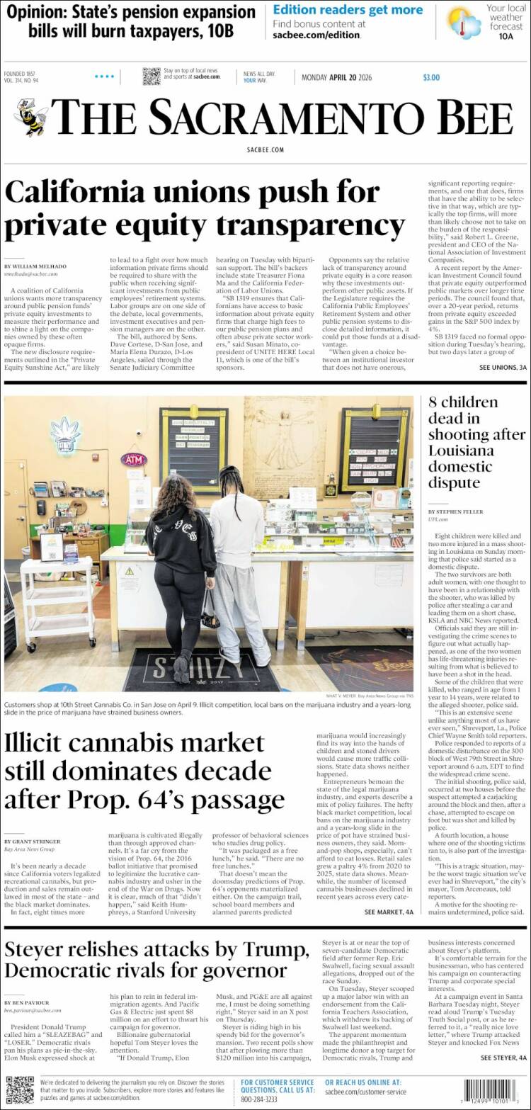 Portada de The Sacramento Bee (USA)