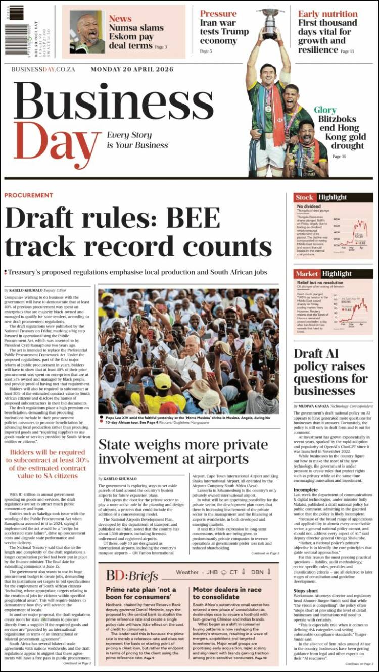 Portada de Business Day (Sud&aacute;frica)