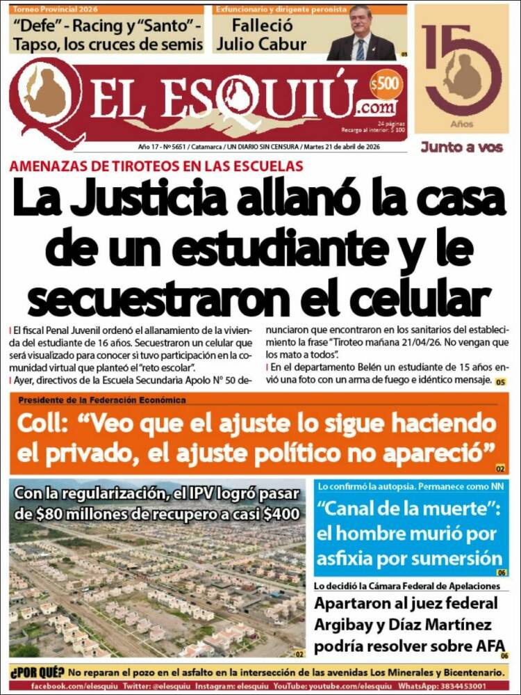 Portada de El Esquiu (Argentina)