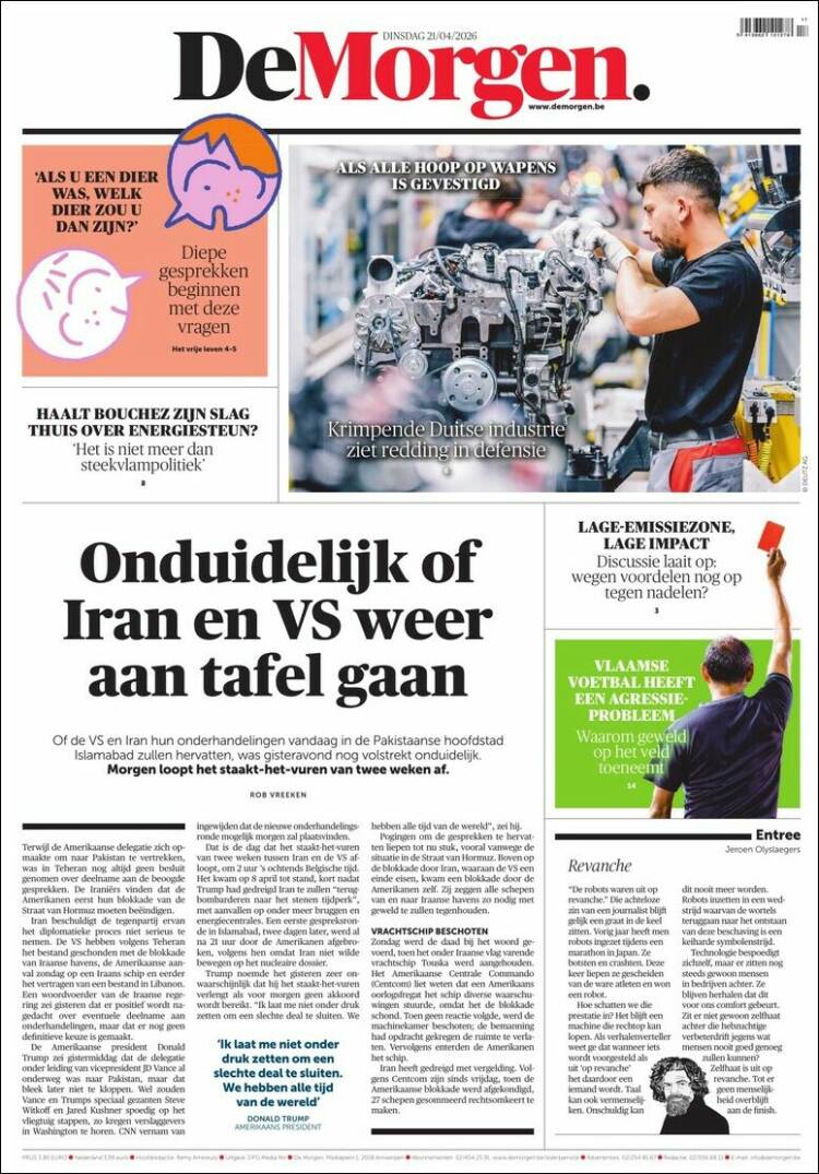 Portada de De Morgen (B&eacute;lgica)
