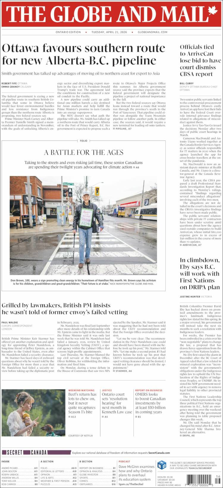 Portada de The Globe and Mail (Canad&aacute;)