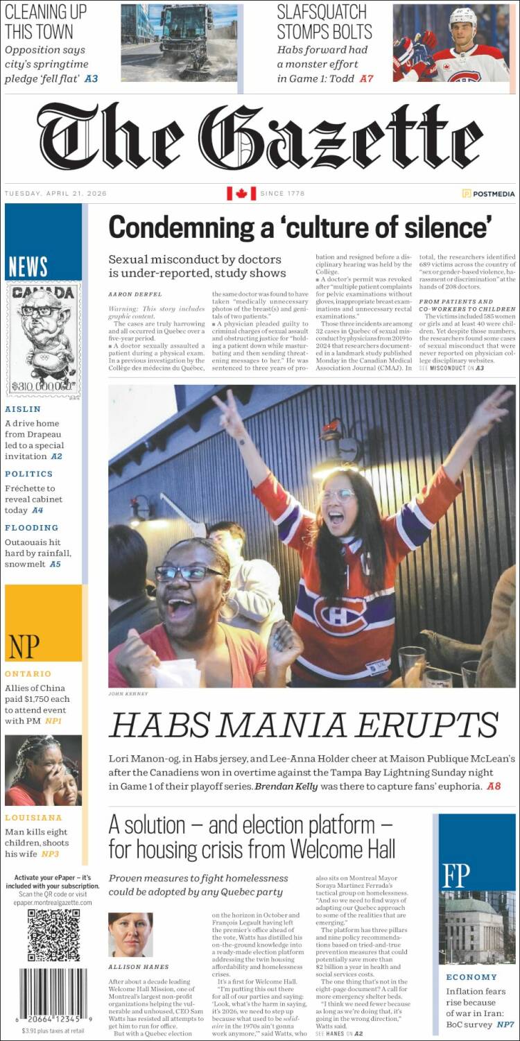 Portada de The Gazette (Canad&aacute;)