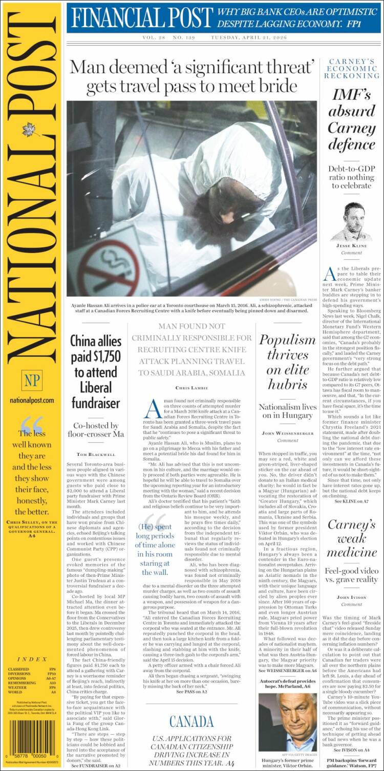 Portada de The National Post (Canad&aacute;)