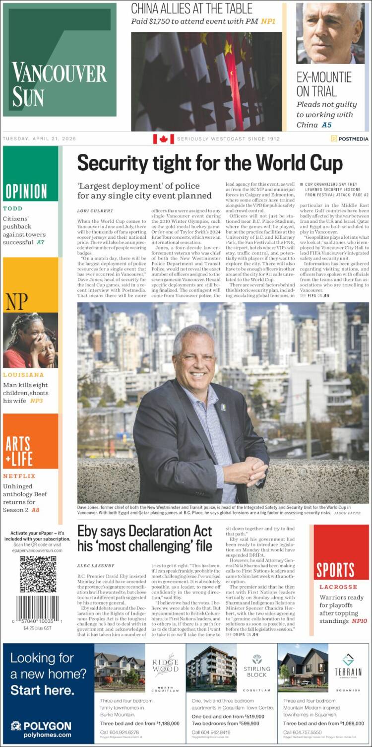 Portada de The Vancouver Sun (Canad&aacute;)