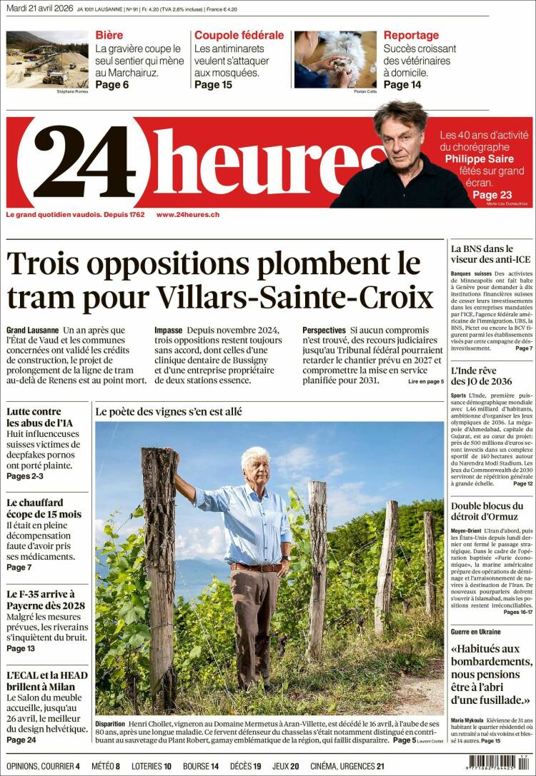 Portada de 24 Heures (Suiza)