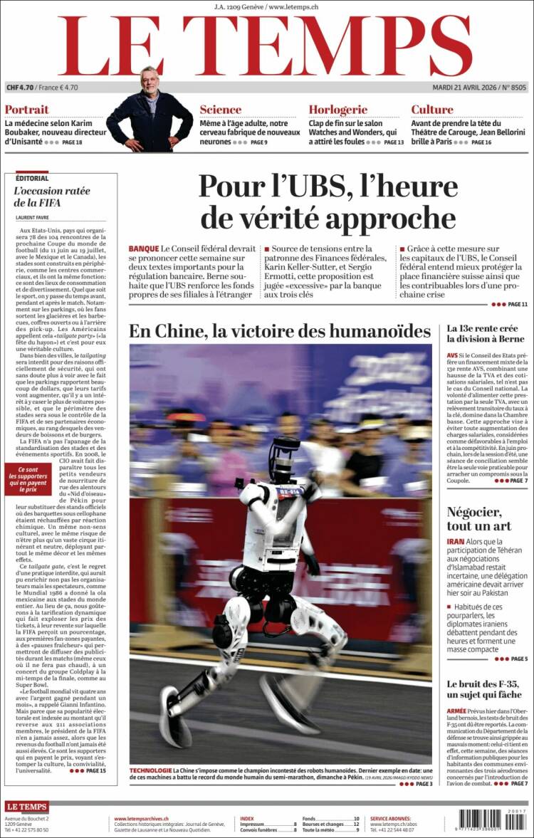 Portada de Le Matin (Suiza)