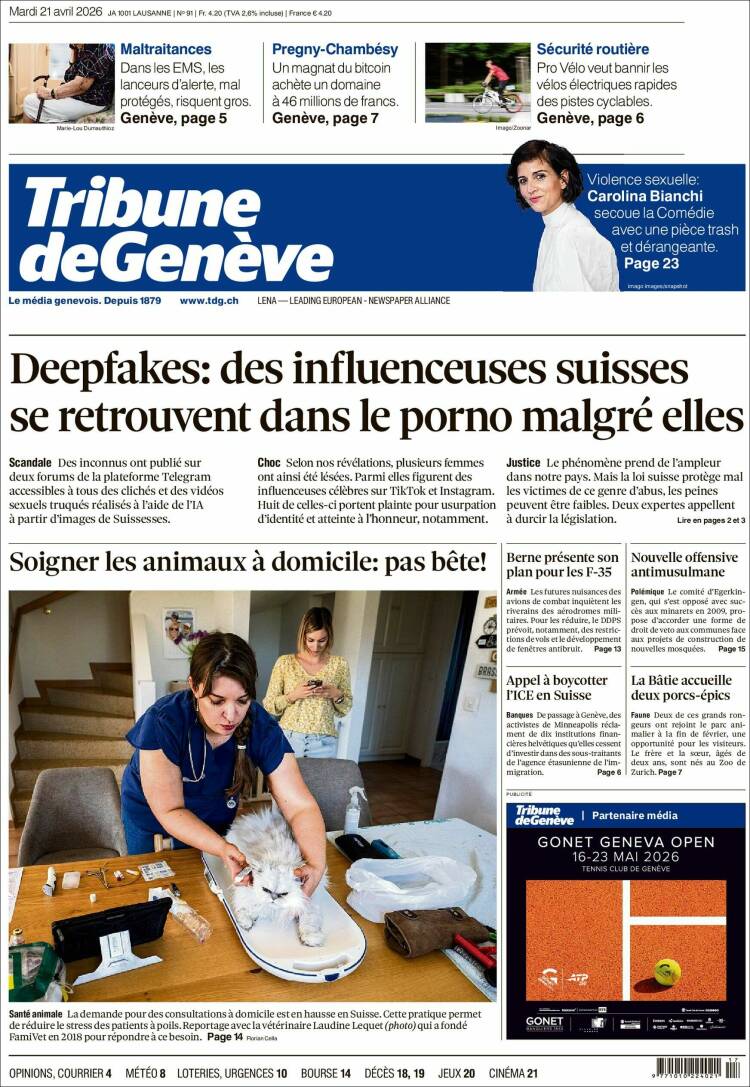 Portada de La Tribune de Genève (Suiza)