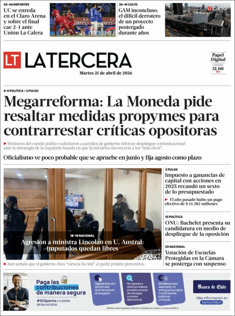 Portada de La Tercera (Chile)