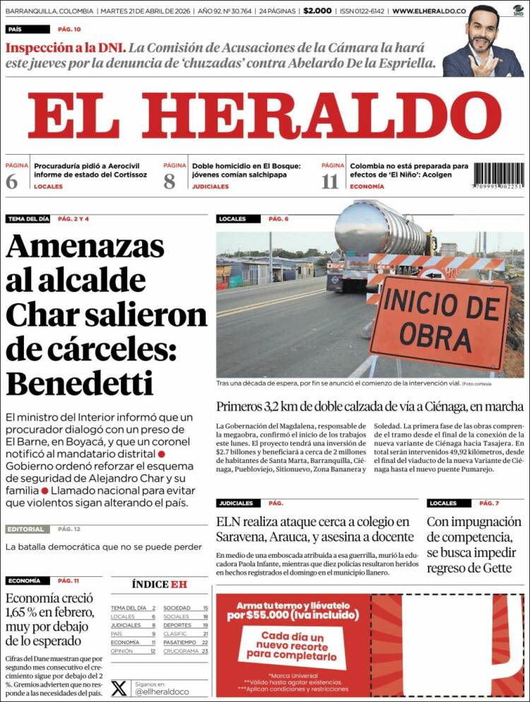 Portada de El Heraldo (Colombia)
