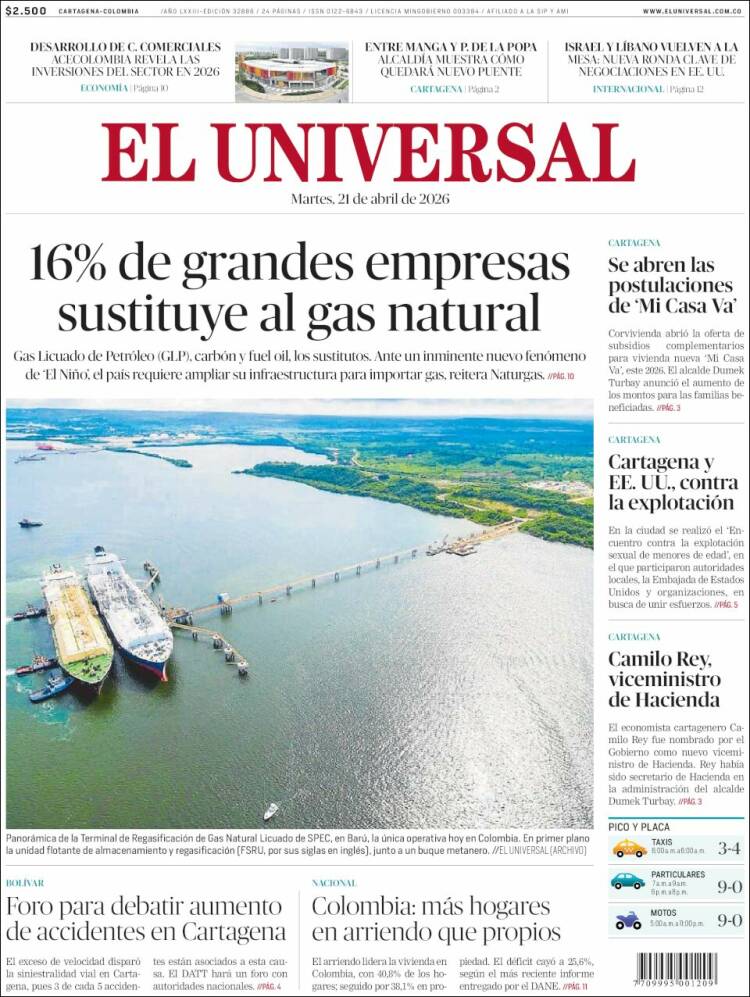 Portada de El Universal (Colombia)
