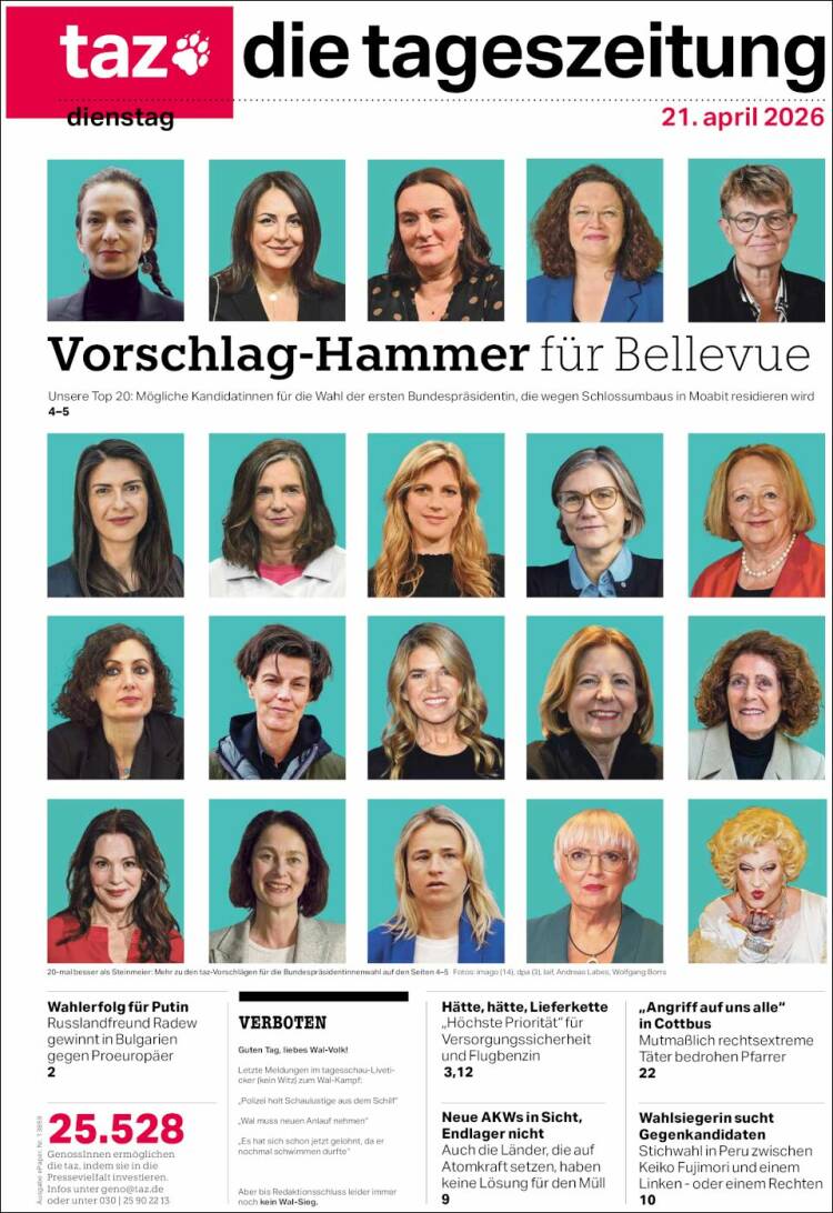 Portada de Die Tageszeitung (Alemania)