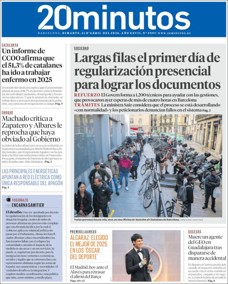 Portada de 20 Minutos - Barcelona (Espa&ntilde;a)