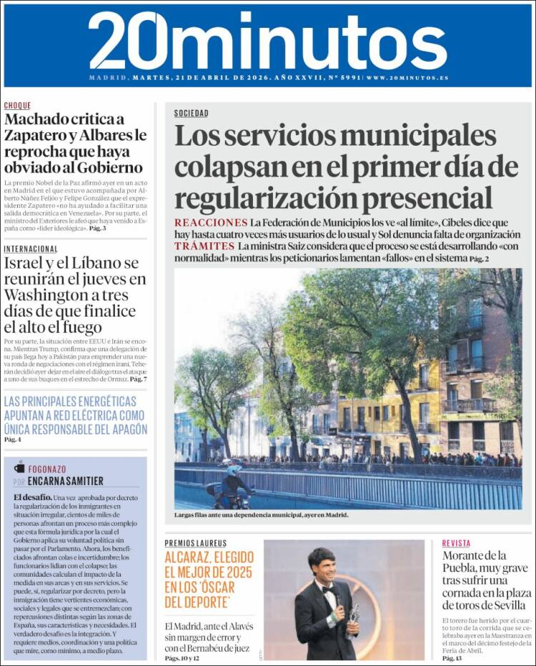 Portada de 20 Minutos - Madrid (Espa&ntilde;a)