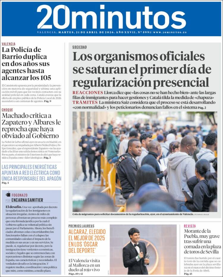 Portada de 20 Minutos - Valencia (Espa&ntilde;a)