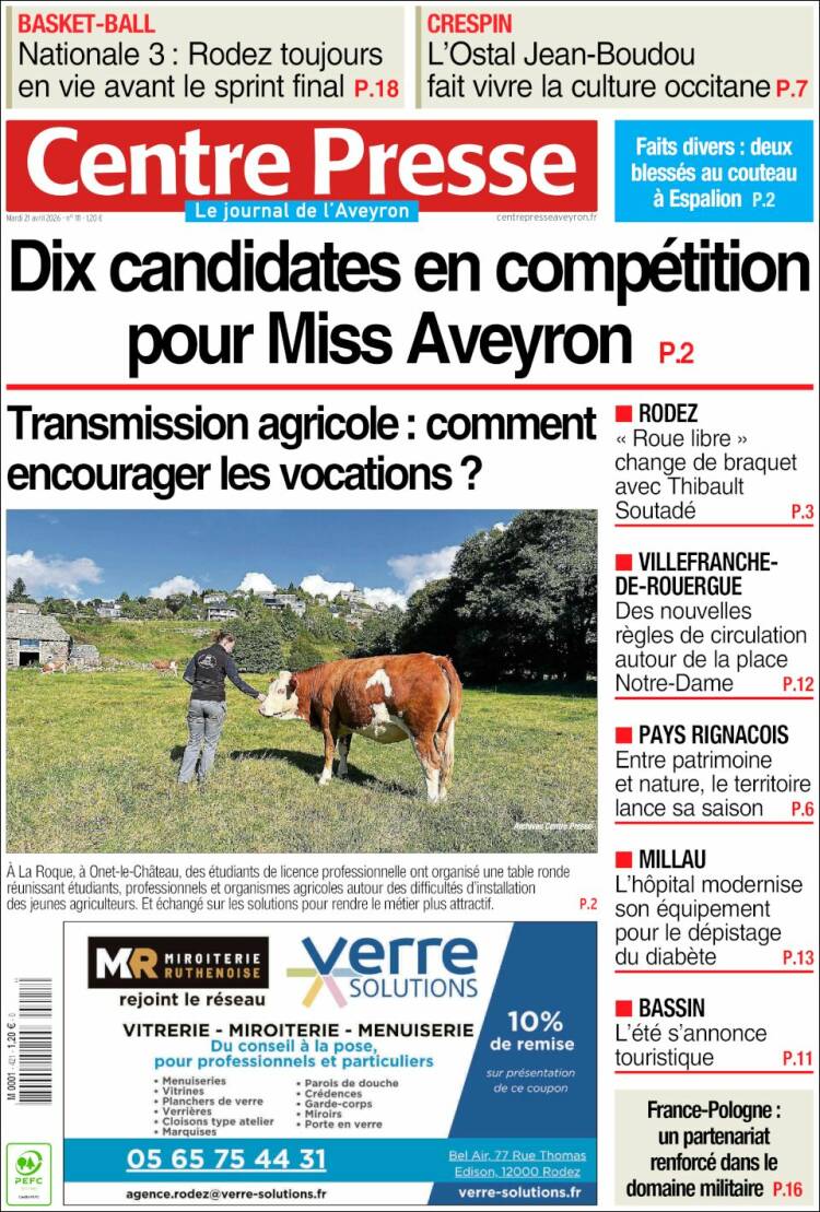 Portada de Centre Presse (Francia)