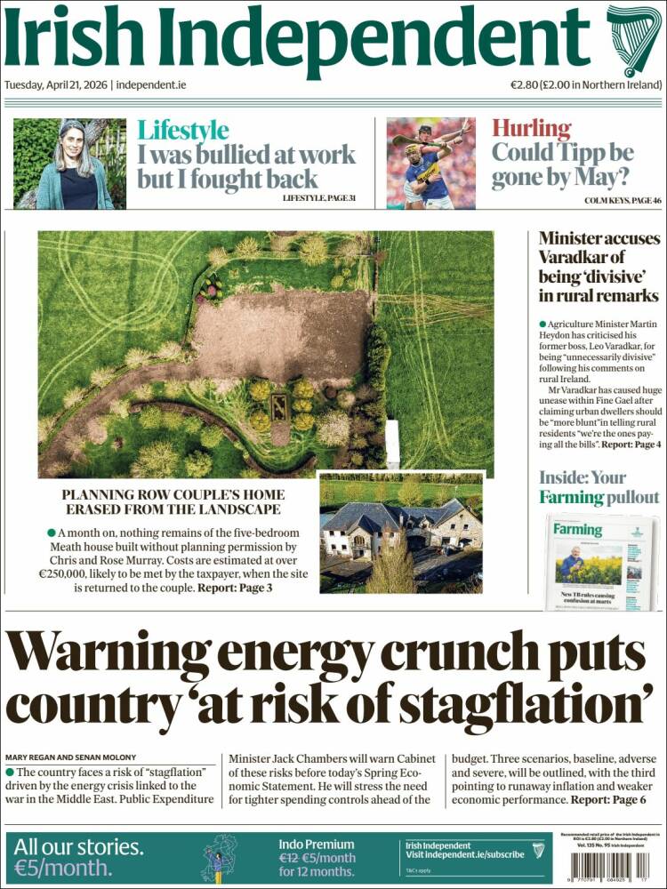 Portada de Irish Independent (Irlanda)