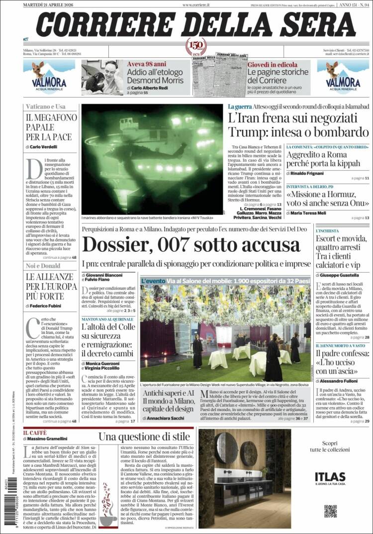 Portada de Corriere della Sera (Italia)