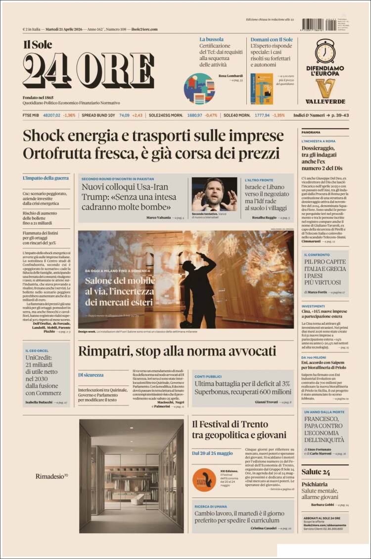 Portada de Il Sole 24 ORE (Italia)