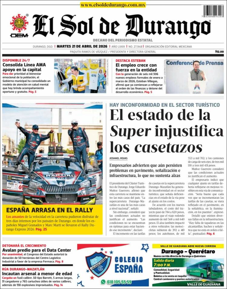 Portada de El Sol de Durango (M&eacute;xico)