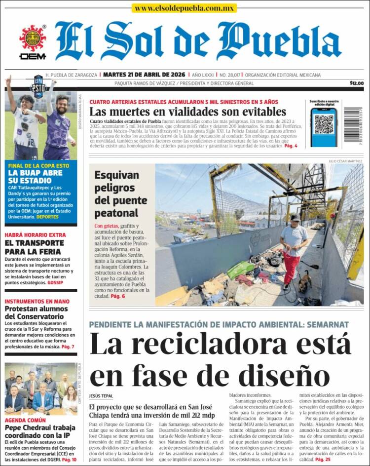 Portada de El Sol de Puebla (M&eacute;xico)