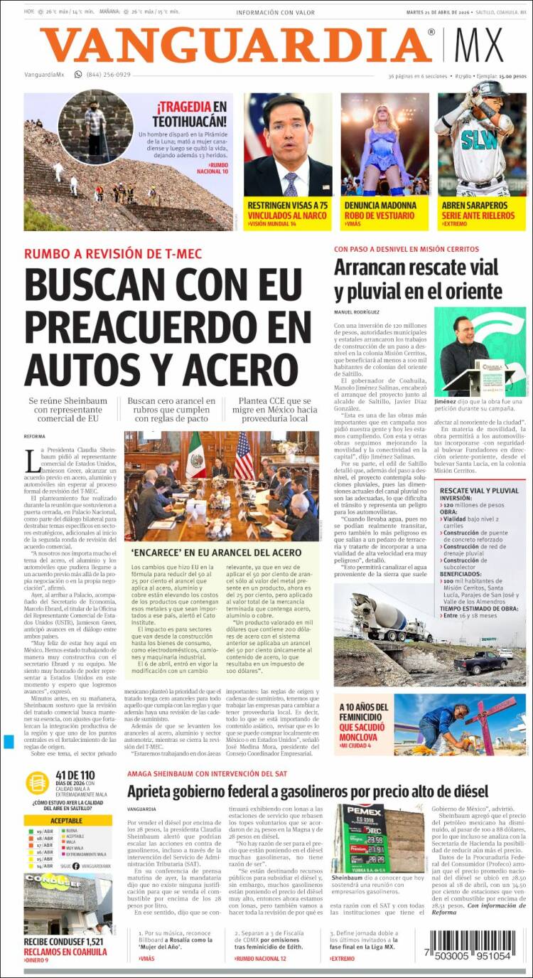 Portada de Vanguardia (M&eacute;xico)