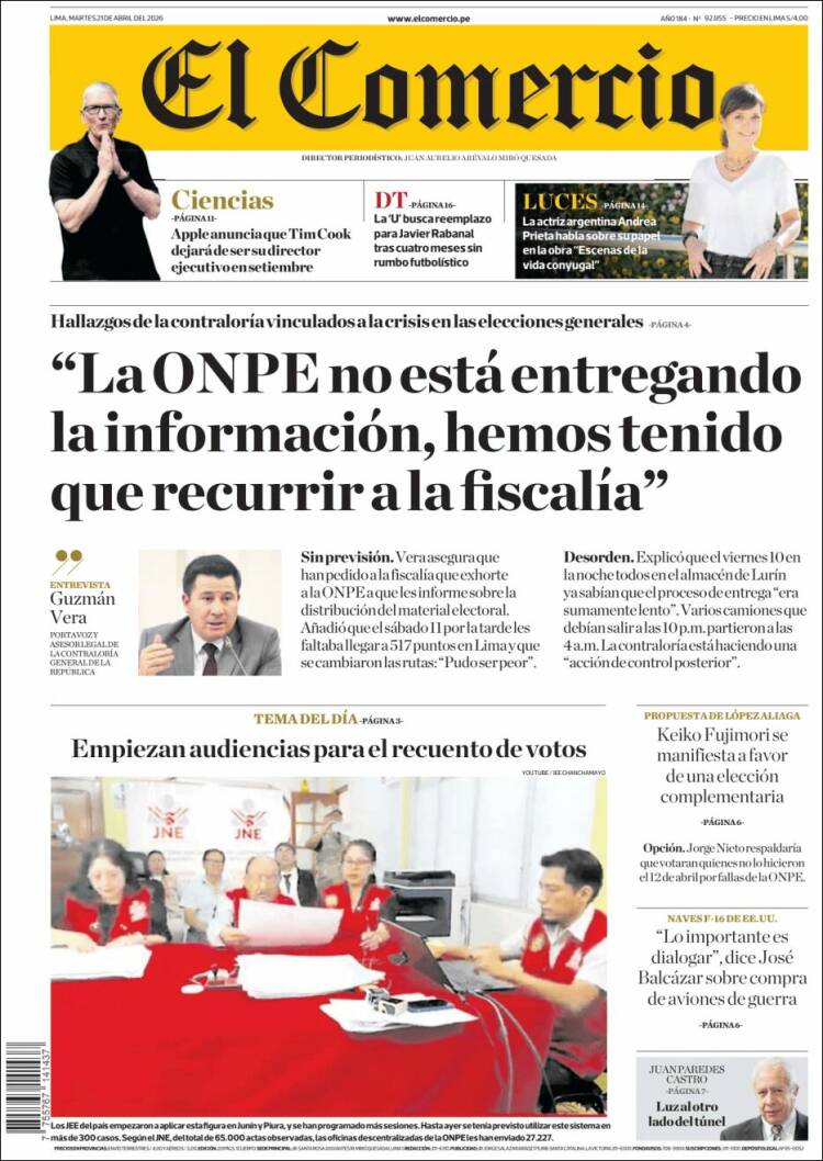 Portada de El Comercio (Per&uacute;)