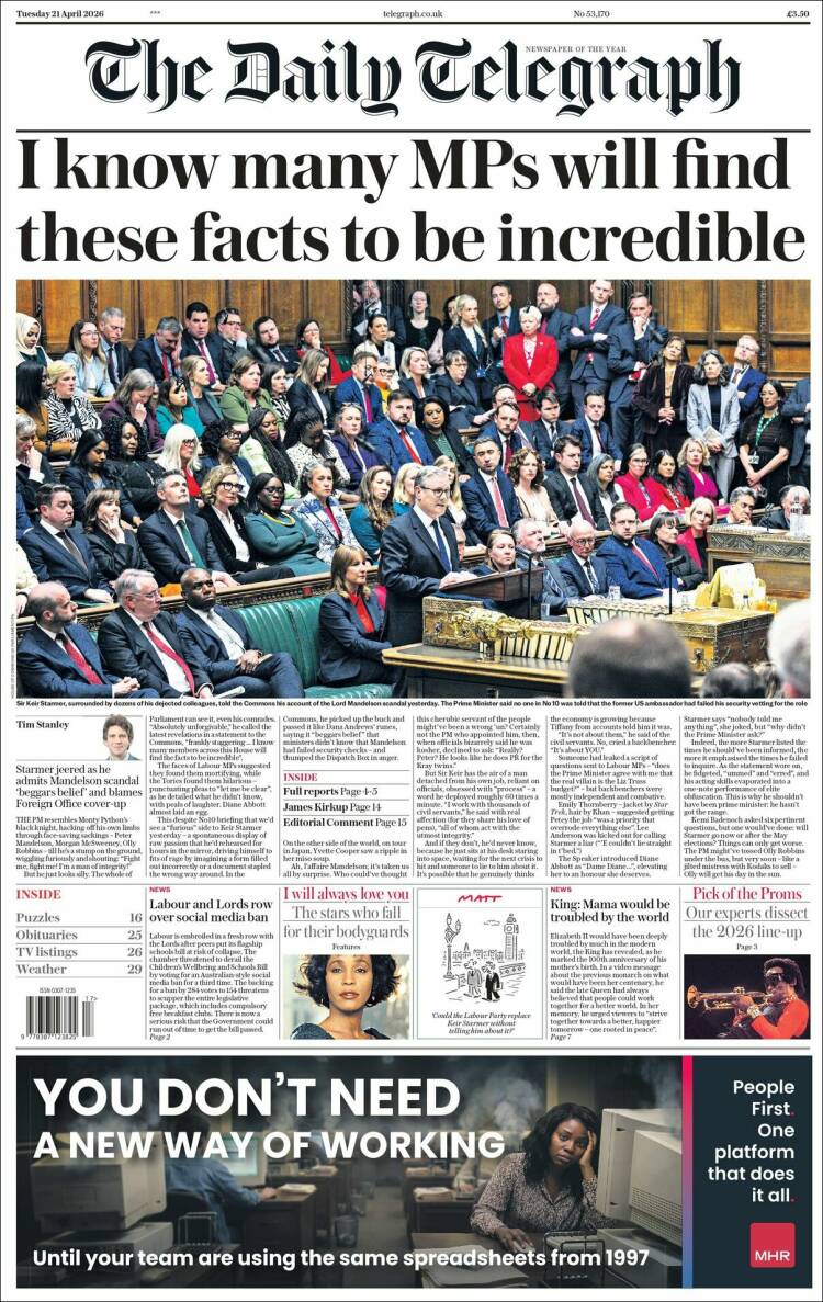 Portada de Daily Telegraph (Reino Unido)